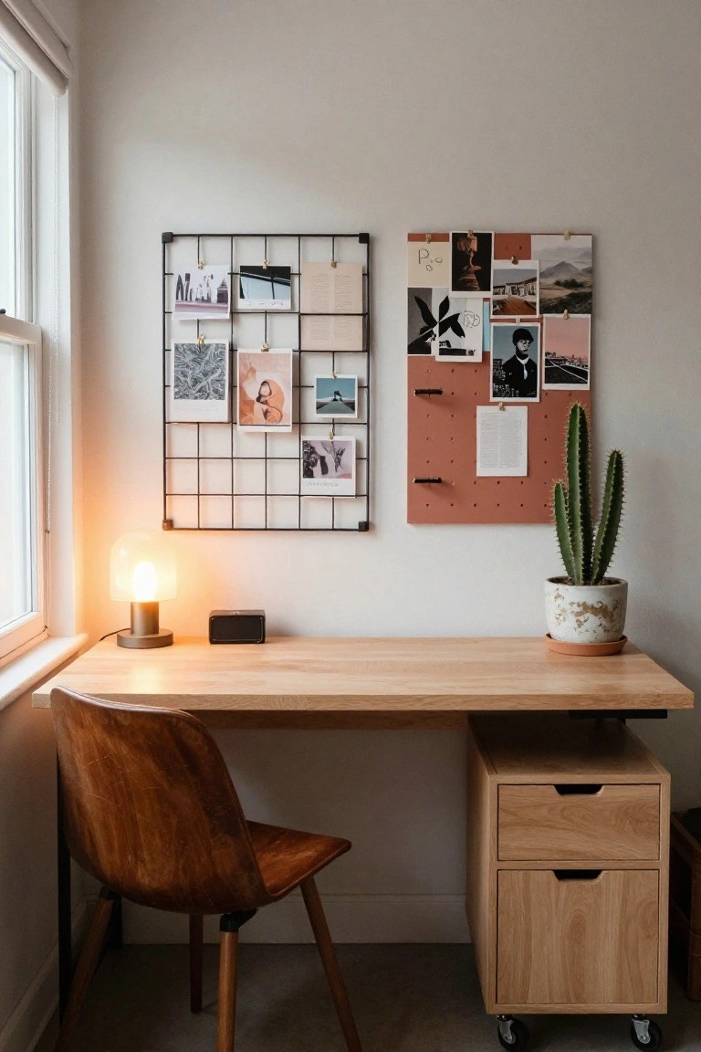 Light wood desk with integrated pedestal drawer unit on casters, brown leather chair, glass desk lamp, small black speaker, black wire grid photo display, red cork bulletin board with pinned items, potted cactus in white ceramic pot, next to a window in a white-walled room.