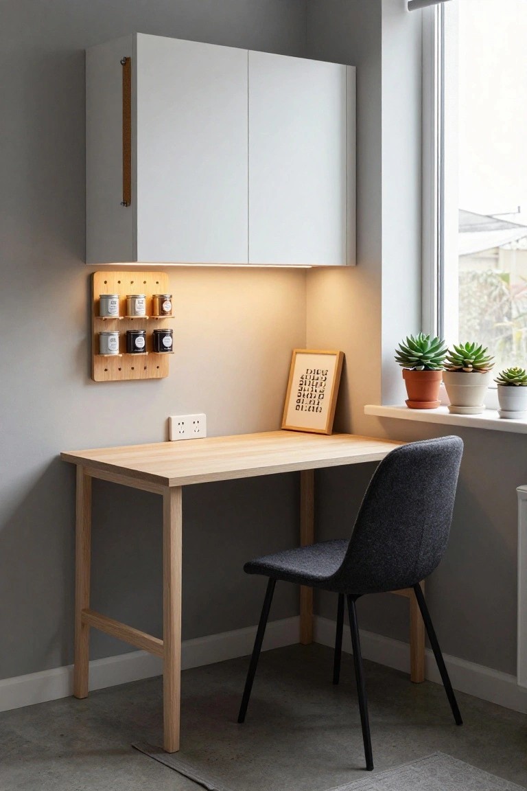 Corner workspace featuring a light wooden desk and grey upholstered chair, white overhead cabinets, wooden pegboard rack with six jars, framed artwork, electrical outlet, potted succulents on windowsill, and under-cabinet lighting against grey walls and concrete floor.