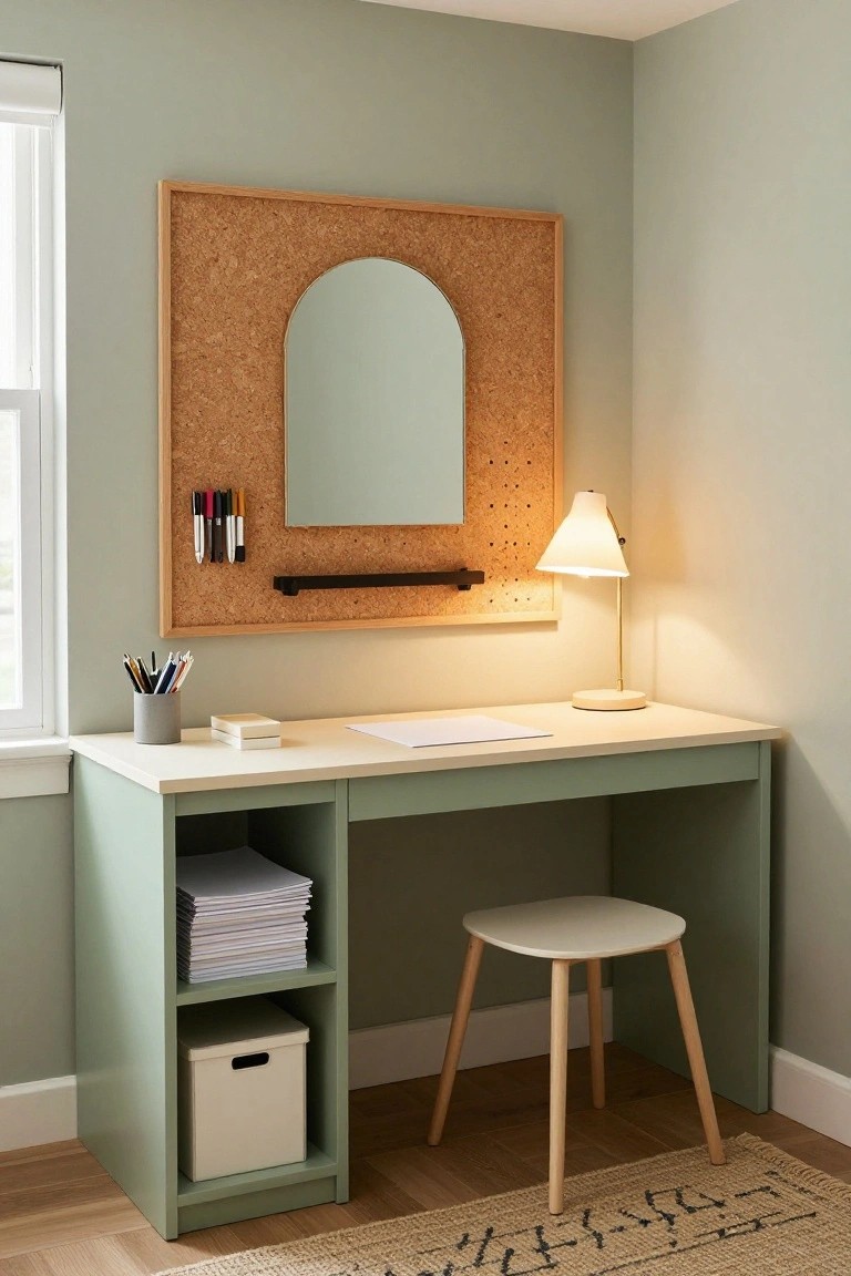 Sage green corner desk with open shelves holding papers and a box, topped by a cork pegboard wall featuring an arched mirror, hooks with pens, and a desk lamp in a pale green room.