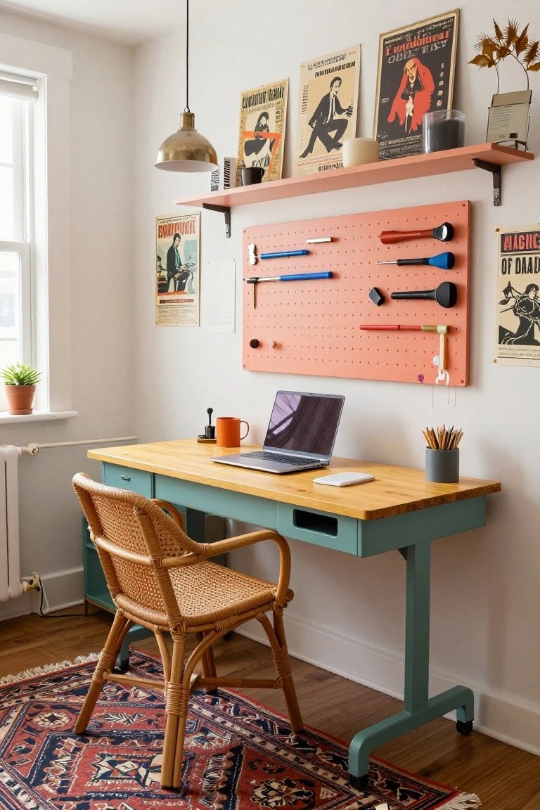 A small home office with a wooden desk topped by a laptop, a rattan chair, a pink pegboard wall displaying tools and hooks, vintage posters on walls, and potted plants near a window.