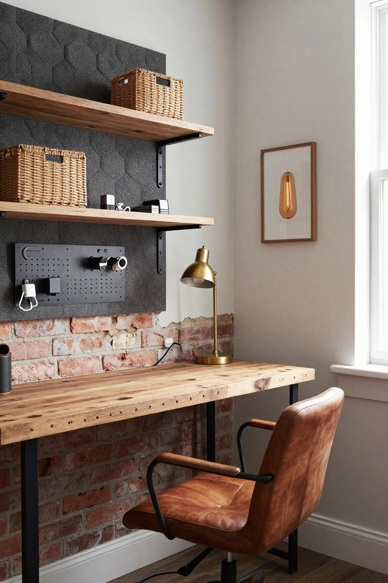 Wooden desk with metal legs against exposed brick wall in a home office, black pegboard panel above holding chargers and tools, wooden shelves with wicker baskets overhead, tan leather armchair, gold desk lamp, and framed art nearby.