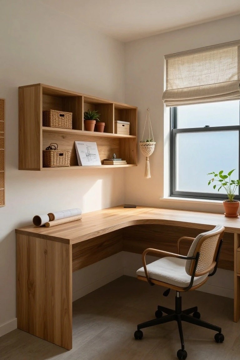 Warm Wood Corner Desk Setup