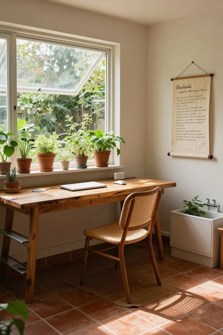 Wooden desk with laptop and mouse in a bright corner room with large window, multiple potted plants and herbs on the wide windowsill, rattan chair, and fabric banner hanging on wall.