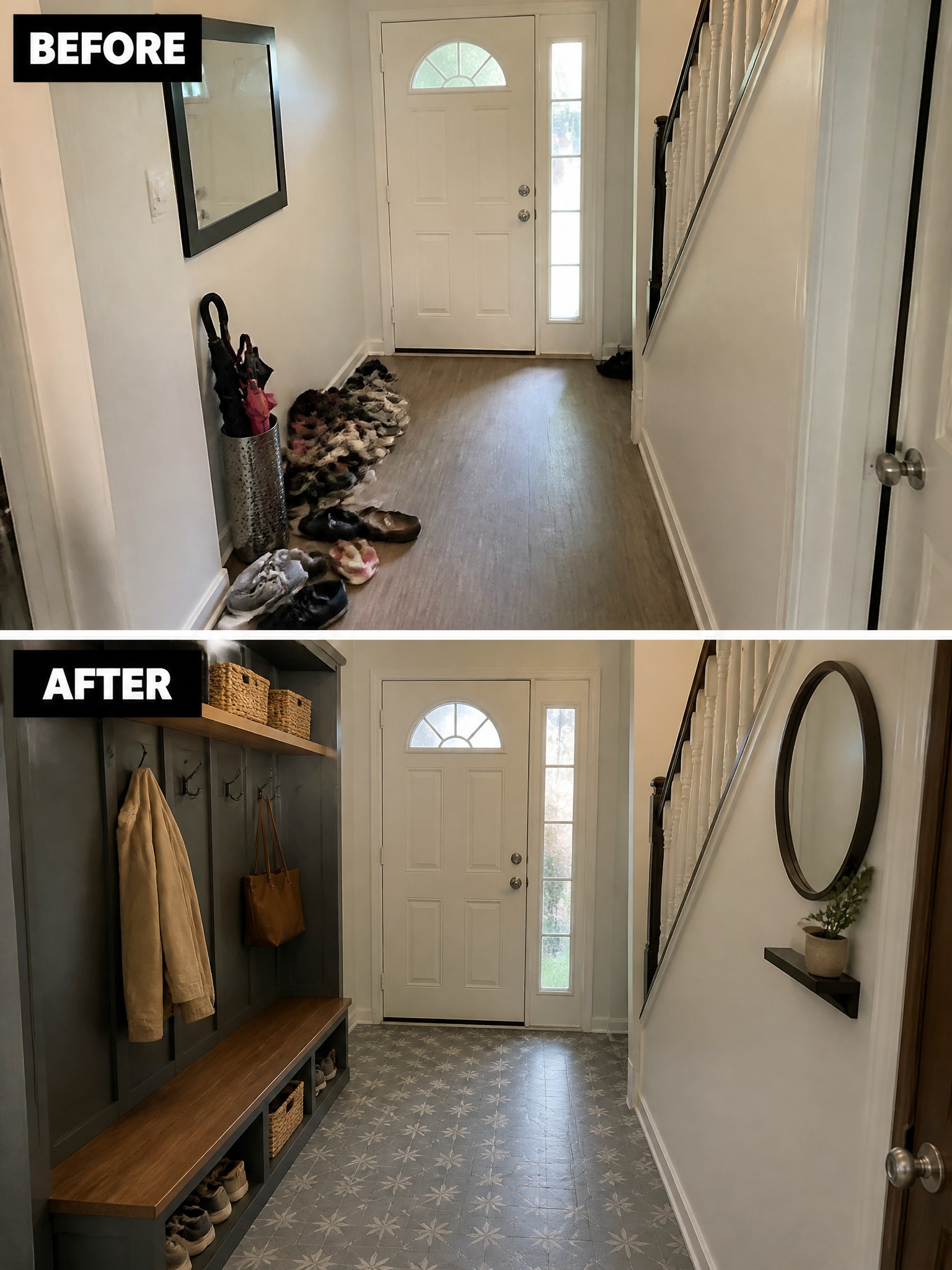 Before and after hallway transformation featuring organized storage, clean flooring, and wall hooks.