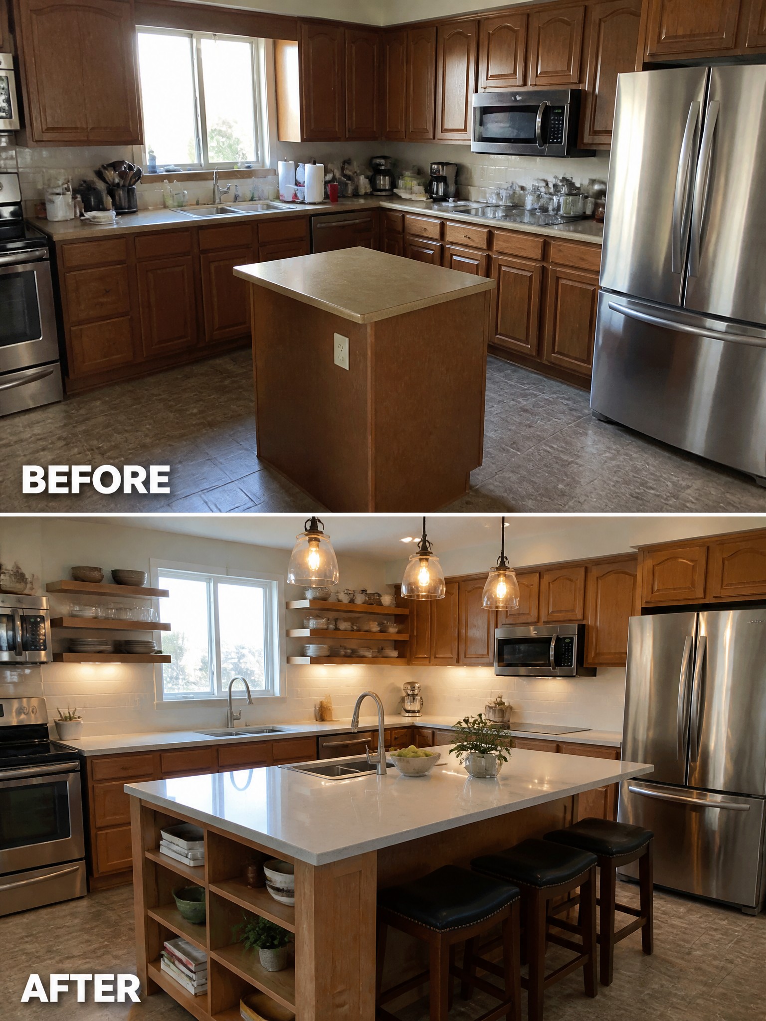 Before-and-after kitchen renovation showcasing updated countertops, shelves, lighting, and modern appliances.