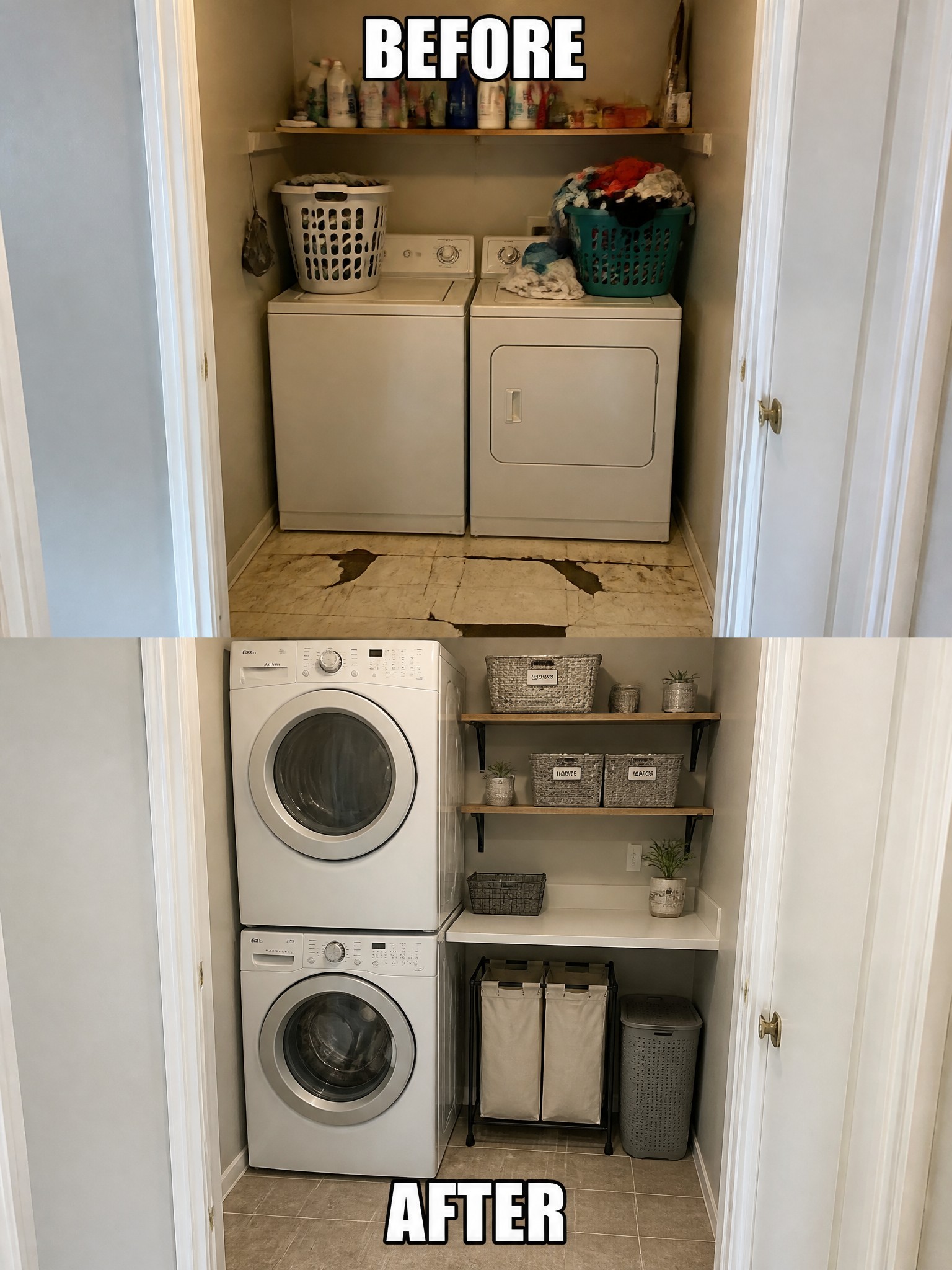 Laundry room transformation: cluttered before with baskets; organized after with sleek appliances and storage.