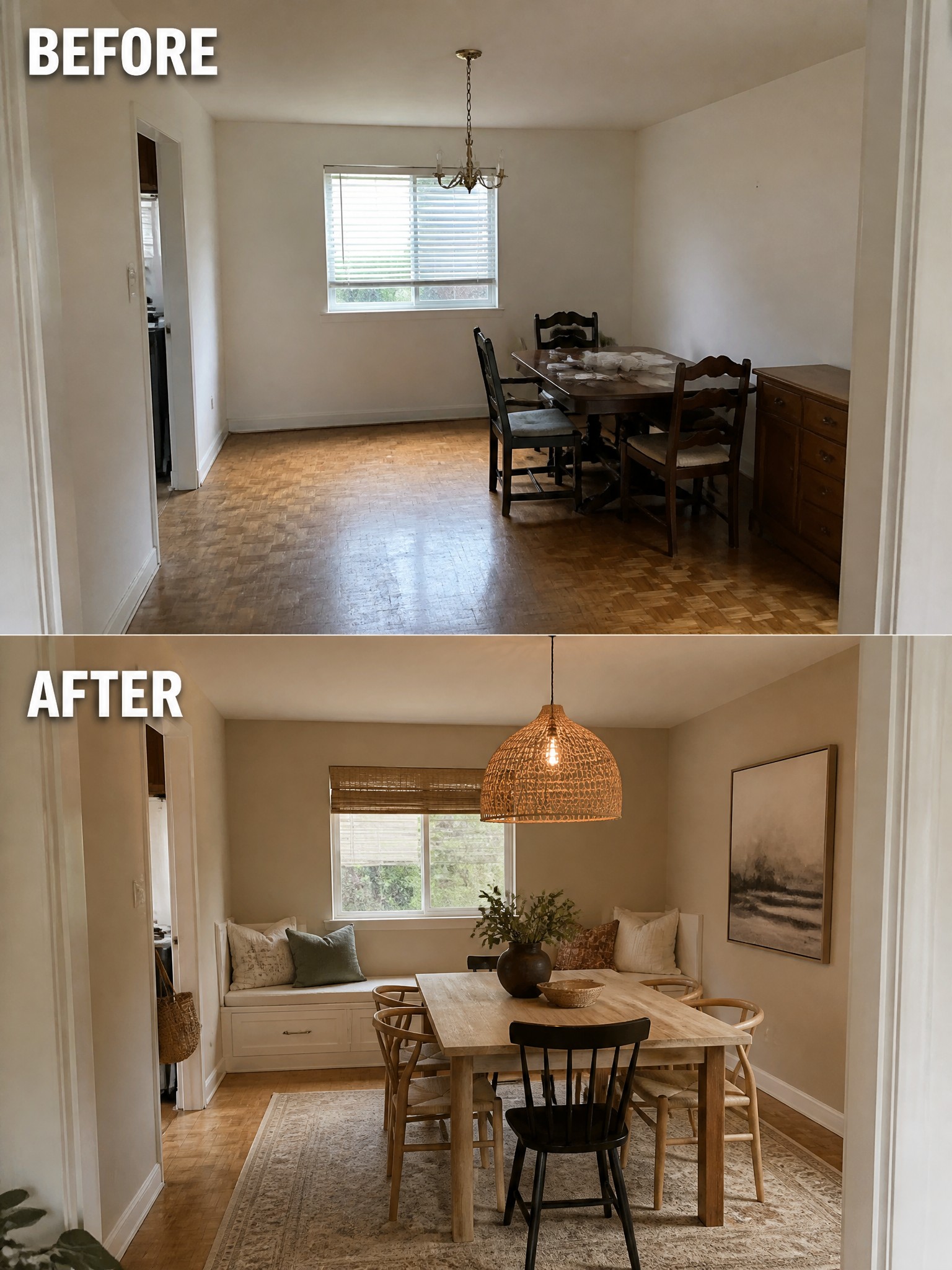 Dining area transformation showcasing a cozy design with a wooden table, bench, and rug.
