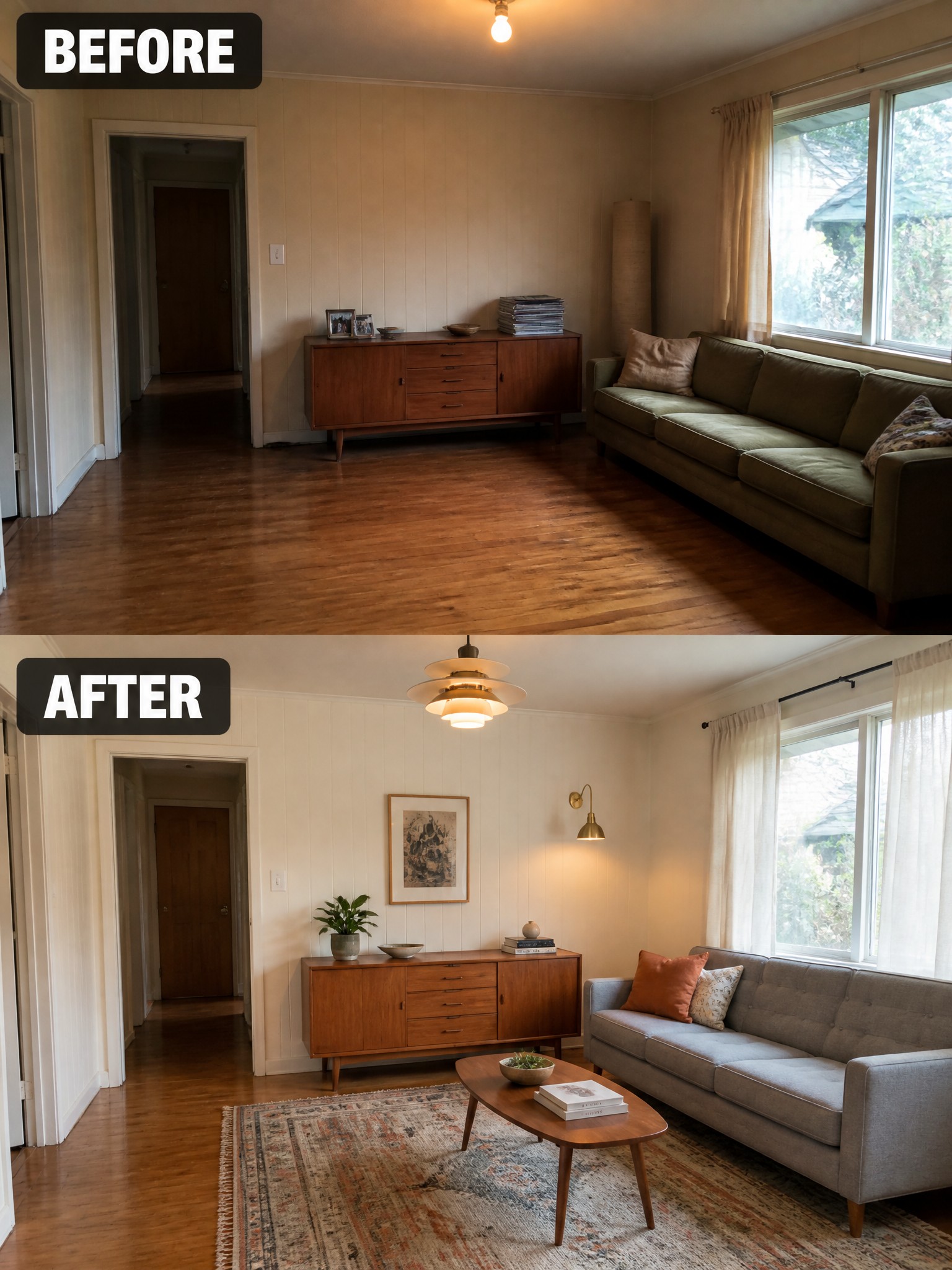 Living room transformation: before with green couch, after with gray couch and decor enhancements.