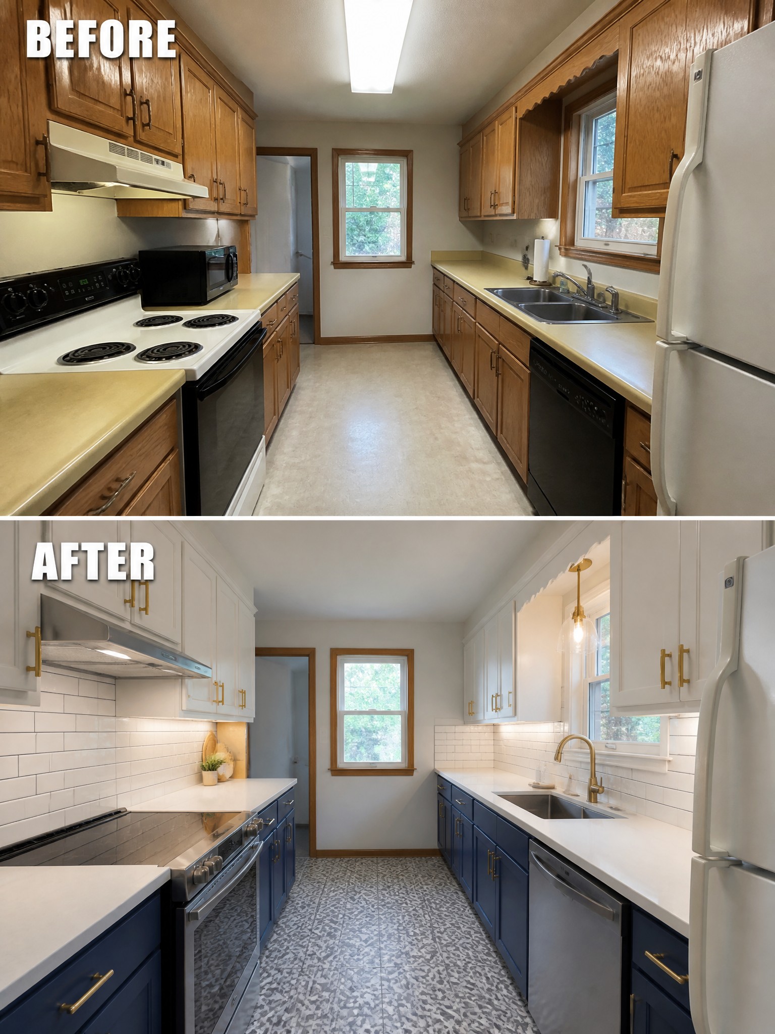 Kitchen transformation showcasing before and after: from wood cabinets to modern white and blue design.
