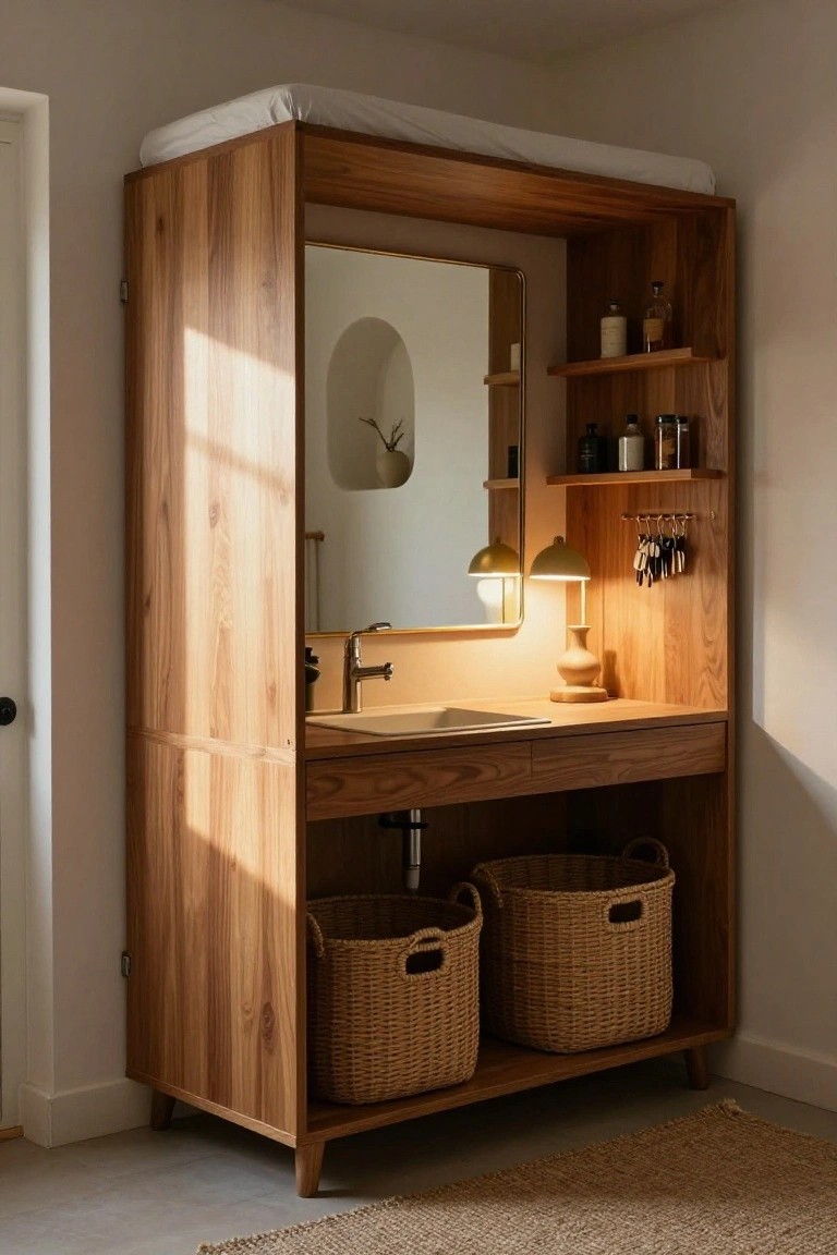 Tall wooden cabinet with integrated sink, gold-framed mirror, upper shelves holding bottles and jars, lower open storage with two wicker baskets, and a padded top shelf in a beige room with seagrass rug.