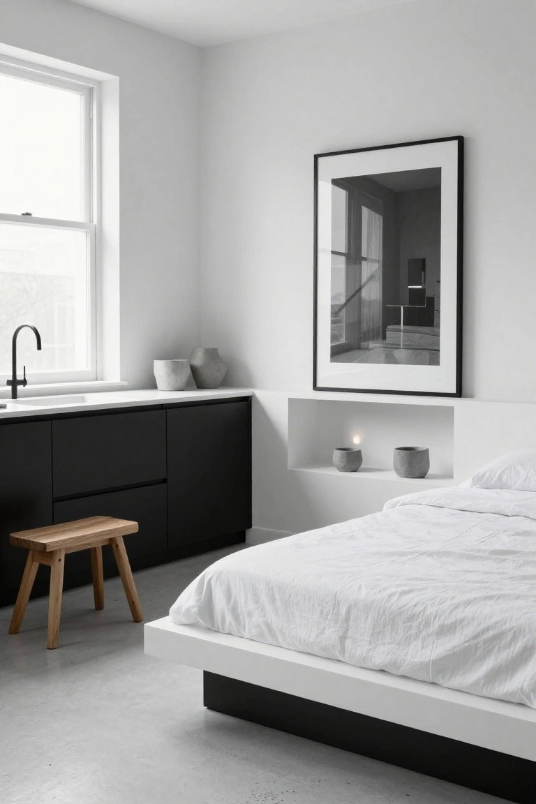 Minimalist studio apartment interior with black lower kitchen cabinets and sink adjacent to a low white platform bed on polished concrete floor, wooden stool nearby, niche shelf holding concrete pots and lit candles, and large black-framed photograph on white wall.