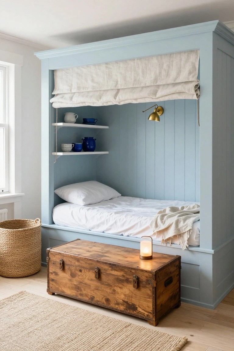 Light blue paneled wooden built-in bed alcove with white bedding and pillows, floating shelves holding blue ceramics and white mug, draped white linen curtain overhead, brass wall light, wooden trunk with lantern beside it, and seagrass basket on light wood floors.