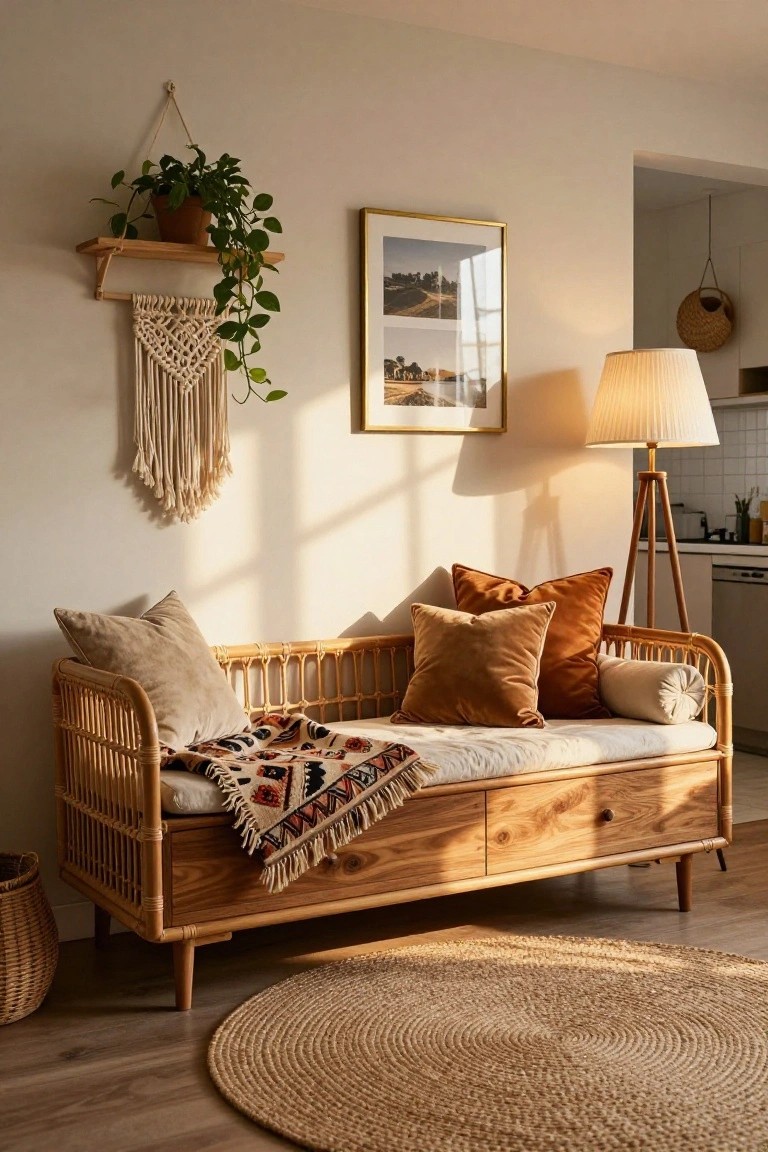Indoor corner with light beige walls, wooden rattan daybed piled with cream and rust velvet pillows and a woven throw, flanked by potted plants, macrame hanging, shelf, floor lamp, and seagrass rug on wood floor.