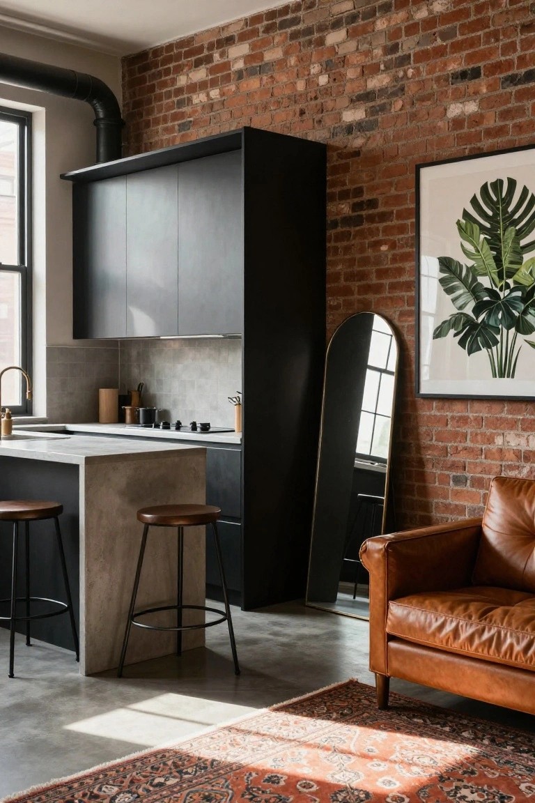 Studio apartment kitchen and living area with exposed brick walls, tall matte black cabinets, concrete-topped island with wood bar stools, arched gold mirror, leather armchair, and patterned rug on polished concrete floor.
