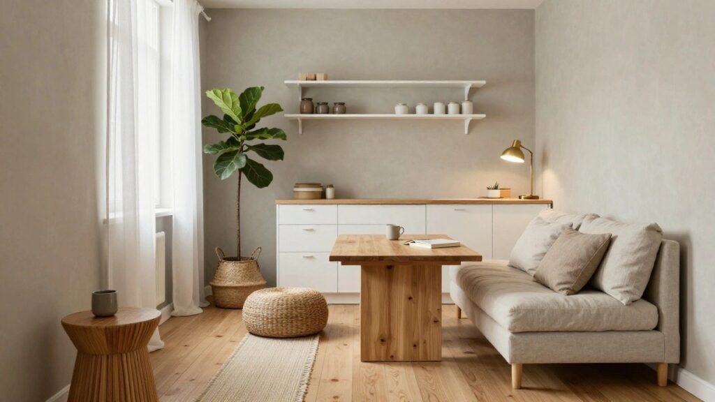 A light beige linen slipcovered sofa with pillows in a neutral living room corner, wooden side table with lamp and book, wooden coffee table with cup and saucers, tall fiddle leaf fig plant in basket, white wall shelves with pottery, sheer curtains on window, and light wood floor with beige rug.