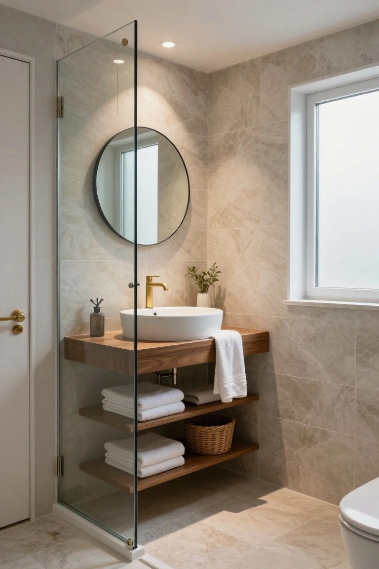 Contemporary bathroom with floating wooden vanity under round black mirror, white vessel sink on gold faucet, open shelves holding white towels and wicker basket, glass shower enclosure, beige tiled walls and floor, and white toilet.