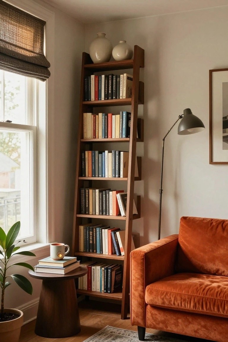 Tall wooden ladder bookshelf filled with books in a light-filled room corner next to a window with bamboo roman shades, orange velvet armchair, tripod floor lamp, round wooden side table with stacked books and mug, and potted plant.