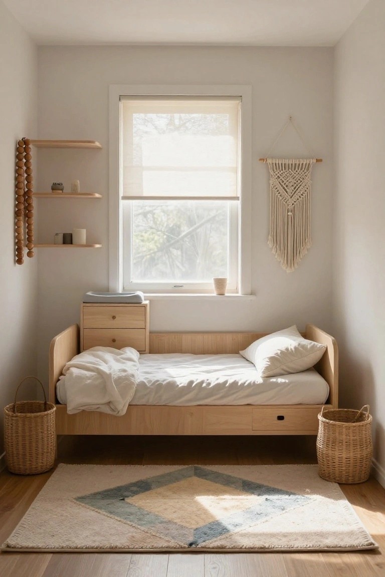 Compact bedroom with low wooden daybed in white linens, wooden dresser with changing pad, floating wood shelves holding ceramics, macrame wall hanging near window with sheer blinds, two wicker baskets flanking the bed, and light rug on wood floor.
