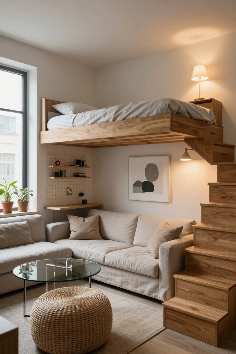Compact studio apartment interior with wooden loft bed platform elevated above a living area, accessed by integrated wooden staircase, beige sofa, glass coffee table, rattan pouf, wall shelves, and plants near a window.