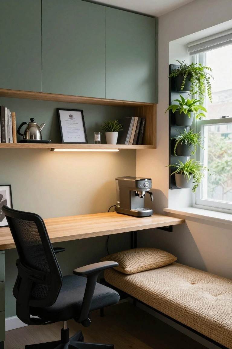 Corner workspace in a light-filled room with wooden desk, black mesh office chair, built-in green cabinets and oak shelves holding books and a kettle, silver espresso machine, wall-mounted plants near window, and beige tufted daybed bench below.