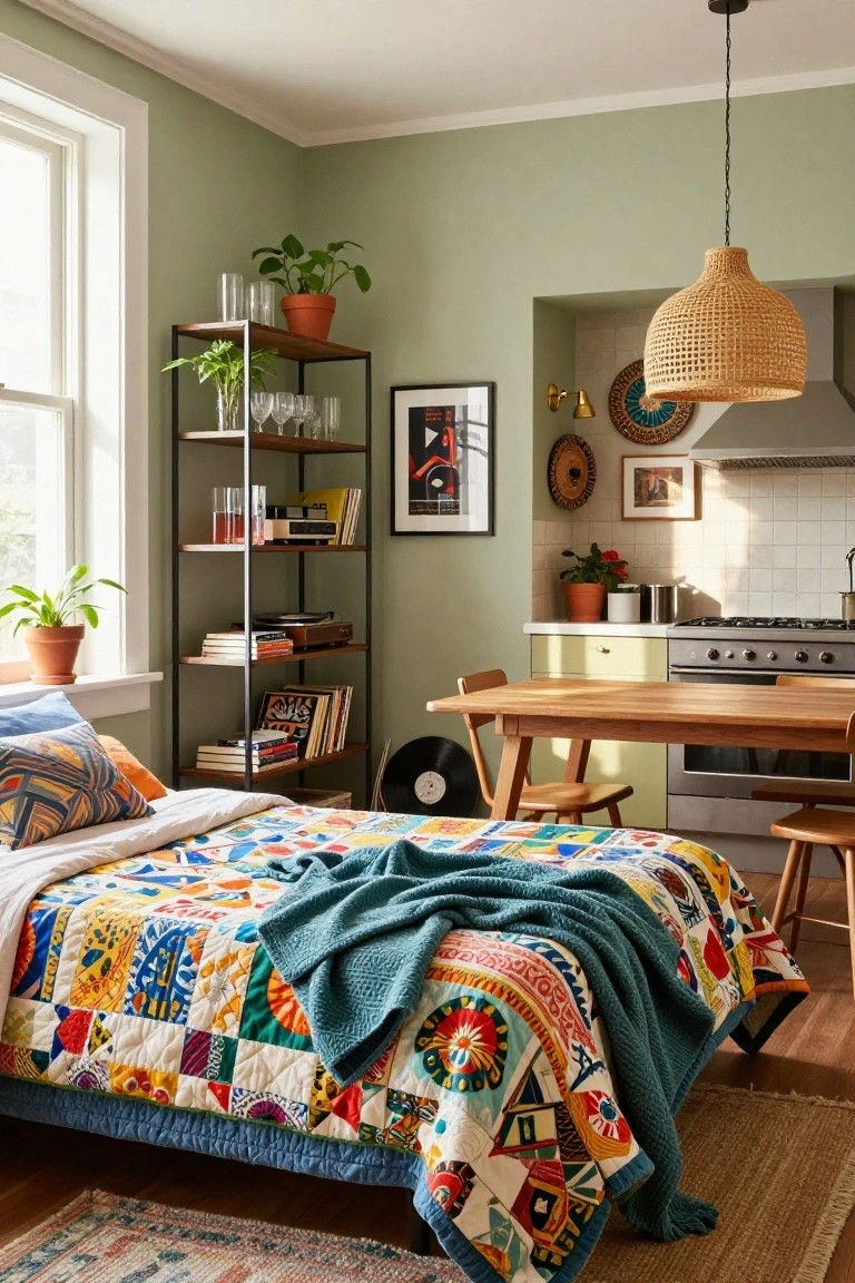 Studio apartment interior with a bed topped by a multicolored patchwork quilt and teal throw, black metal shelving holding plants, glasses, books, and records, next to a pale yellow kitchenette under a woven pendant light, sage green walls.