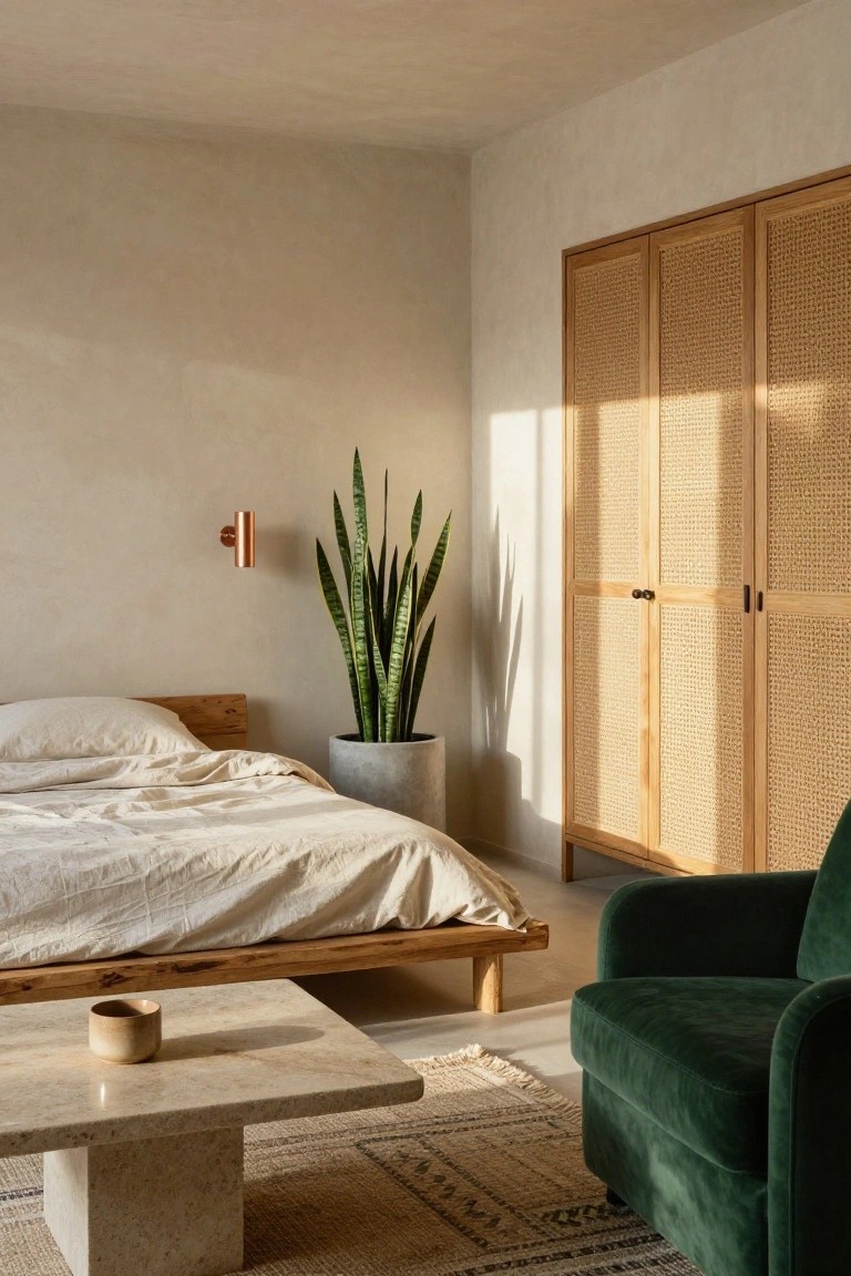 Sunlit bedroom with low wooden platform bed draped in white sheets, tall snake plant in concrete pot next to three-panel rattan and wood wardrobe, green velvet armchair, travertine coffee table holding a ceramic cup, and patterned rug on beige walls and floor.