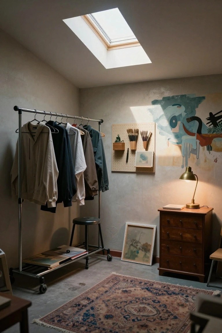 Small indoor studio space with metal rolling garment rack holding jackets and hoodies, pegboard of paintbrushes, wooden desk and stool, artwork on walls, and Persian rug on concrete floor under skylight.