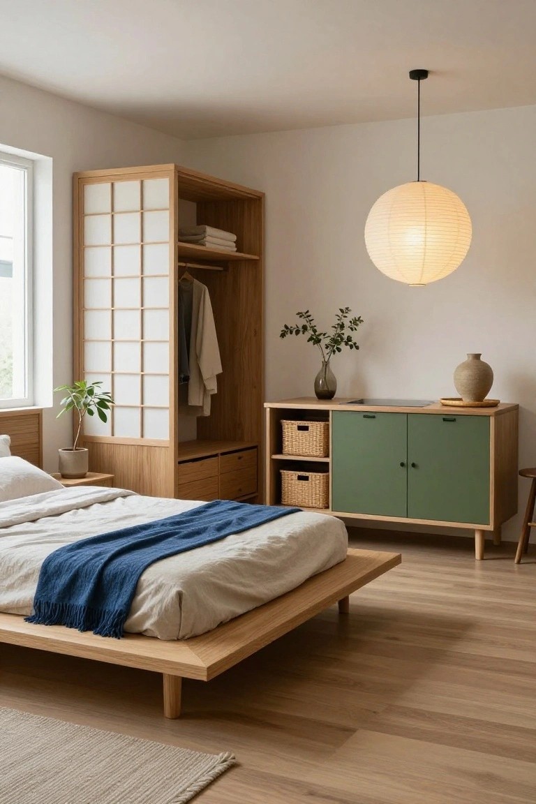 Minimalist bedroom with low wooden platform bed draped in white linens and blue throw, tall shoji screen wardrobe, green wooden dresser with woven baskets, potted plants, and hanging paper lantern.