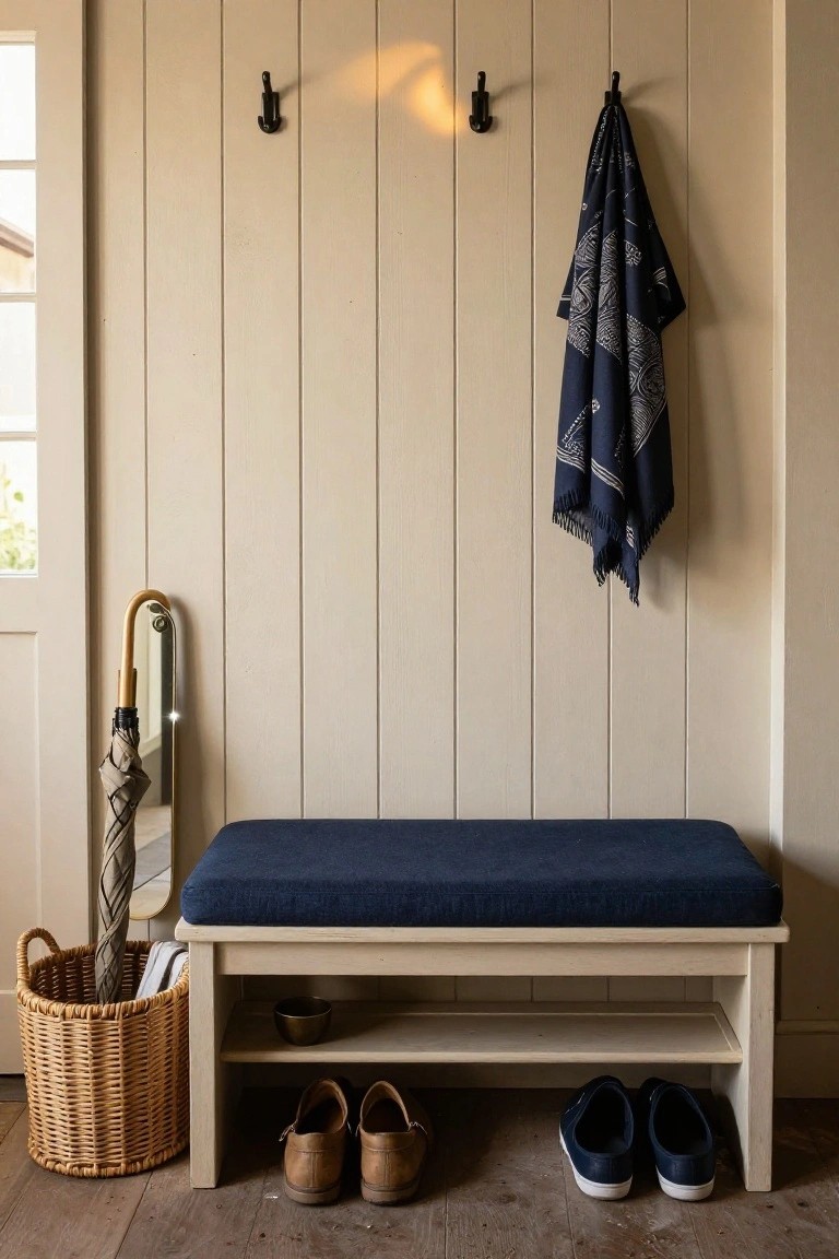 Beige vertical paneled wall with black hooks holding a navy scarf and lantern, wooden bench with navy cushion and open shelf holding shoes and bowl, umbrella stand with basket next to it, on wood floor entry area.