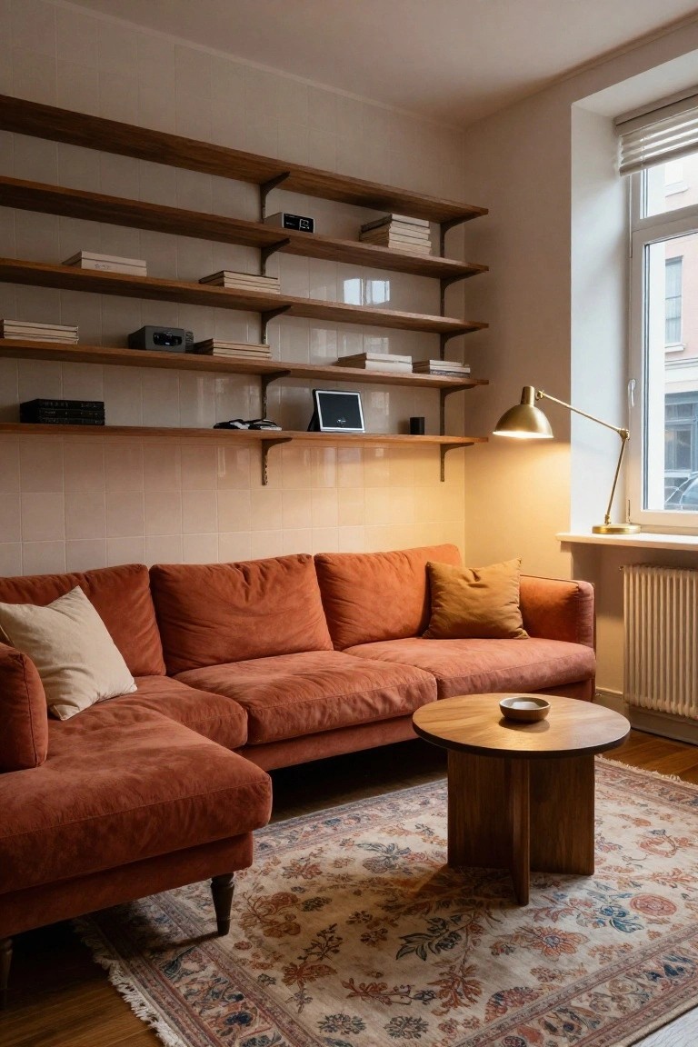 Light-filled studio apartment living corner with wooden floating shelves holding books, boxes, and electronics on white tiled walls, burnt orange corduroy L-shaped sofa with cream and rust pillows, round wooden coffee table with ceramic bowl, patterned rug on hardwood floor, brass arc lamp, and window with radiator.
