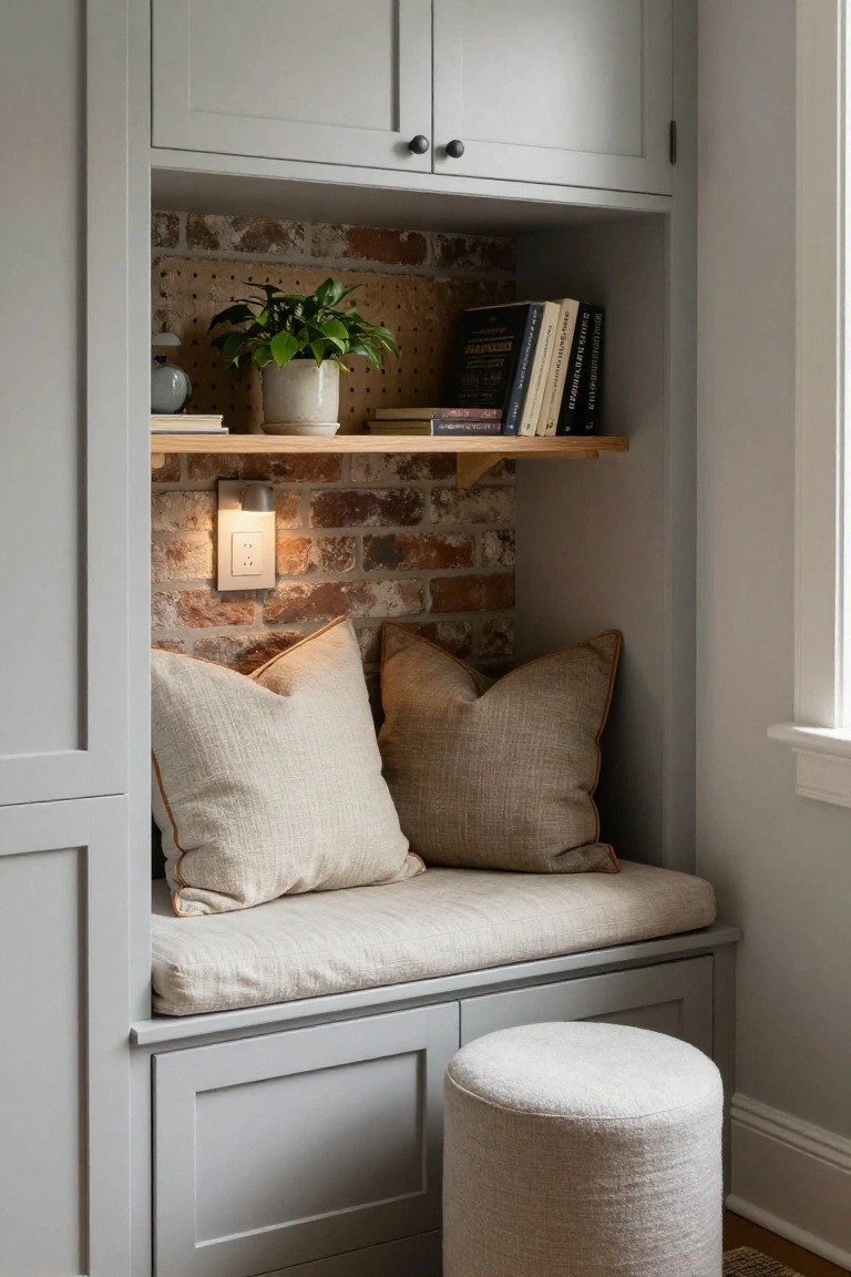 Built-in window seat nook with gray shaker-style cabinets, exposed brick wall, wooden shelves with books and plants, two large beige pillows on a fabric-covered bench, wall sconce light, and a round white pouf stool.
