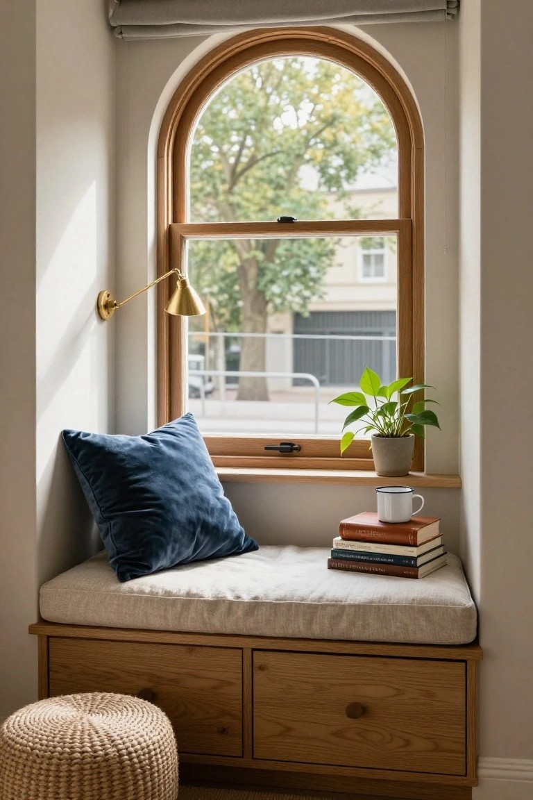 Built-in wooden bench seat under an arched window with beige cushion, large blue velvet pillow, stack of books, white mug, potted green plant on sill, gold wall lamp, and rattan pouf stool nearby.