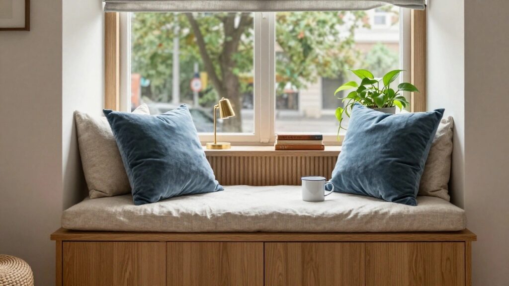 Built-in wooden bench seat under an arched window with beige cushion, large blue velvet pillow, stack of books, white mug, potted green plant on sill, gold wall lamp, and rattan pouf stool nearby.