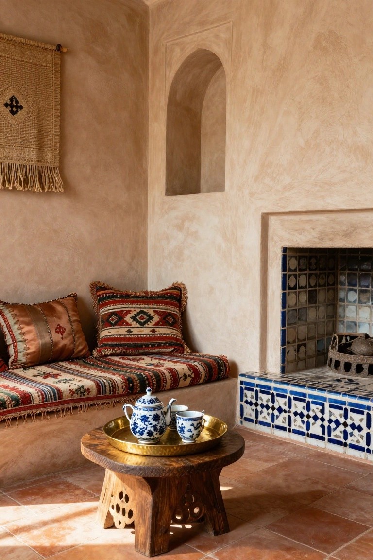Cozy indoor corner with beige stucco walls, arched niche, built-in bench piled with colorful kilim cushions and pillows, low carved wooden table holding blue and white teapot and cups, blue tiled fireplace with metal basket, and woven wall hanging.