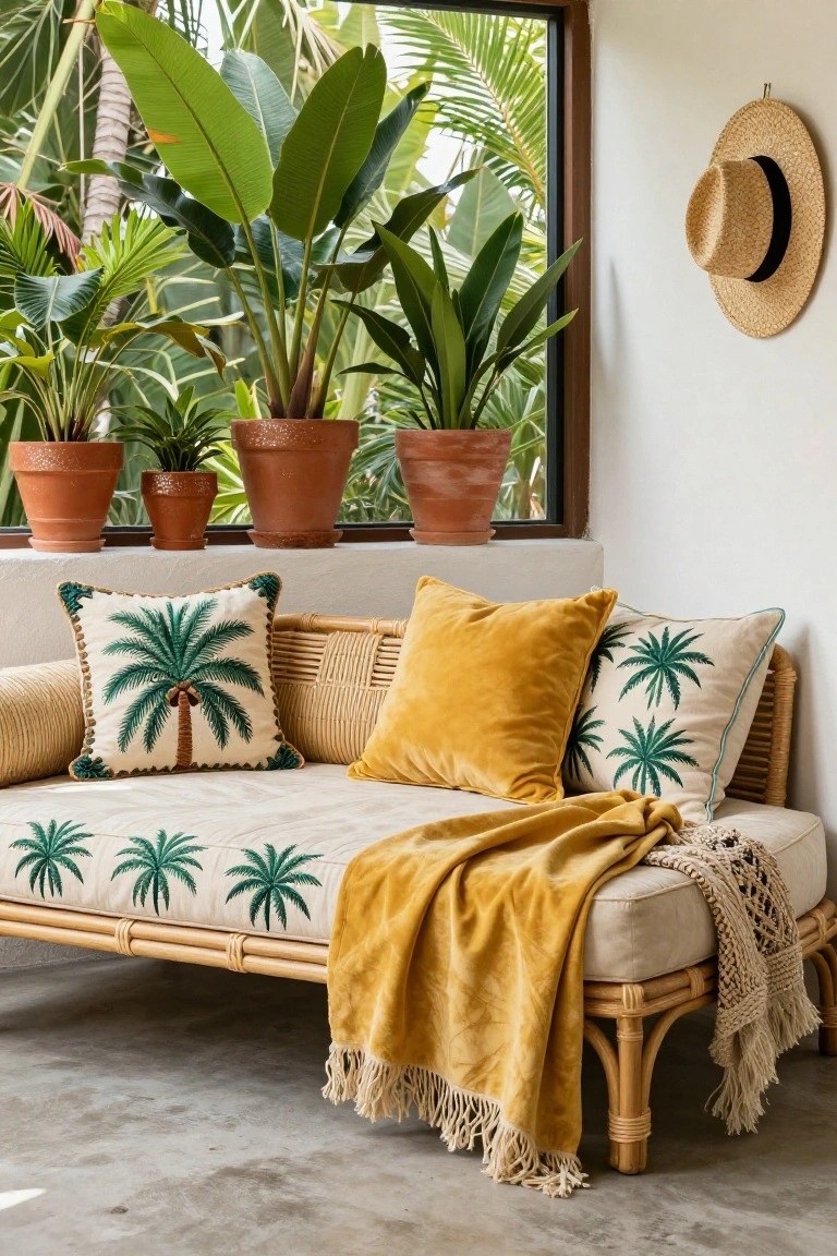 Rattan daybed with layered cream pillows embroidered with palm trees, yellow velvet cushions, and fringed throws in a room with potted plants and a large window showing tropical greenery outside.