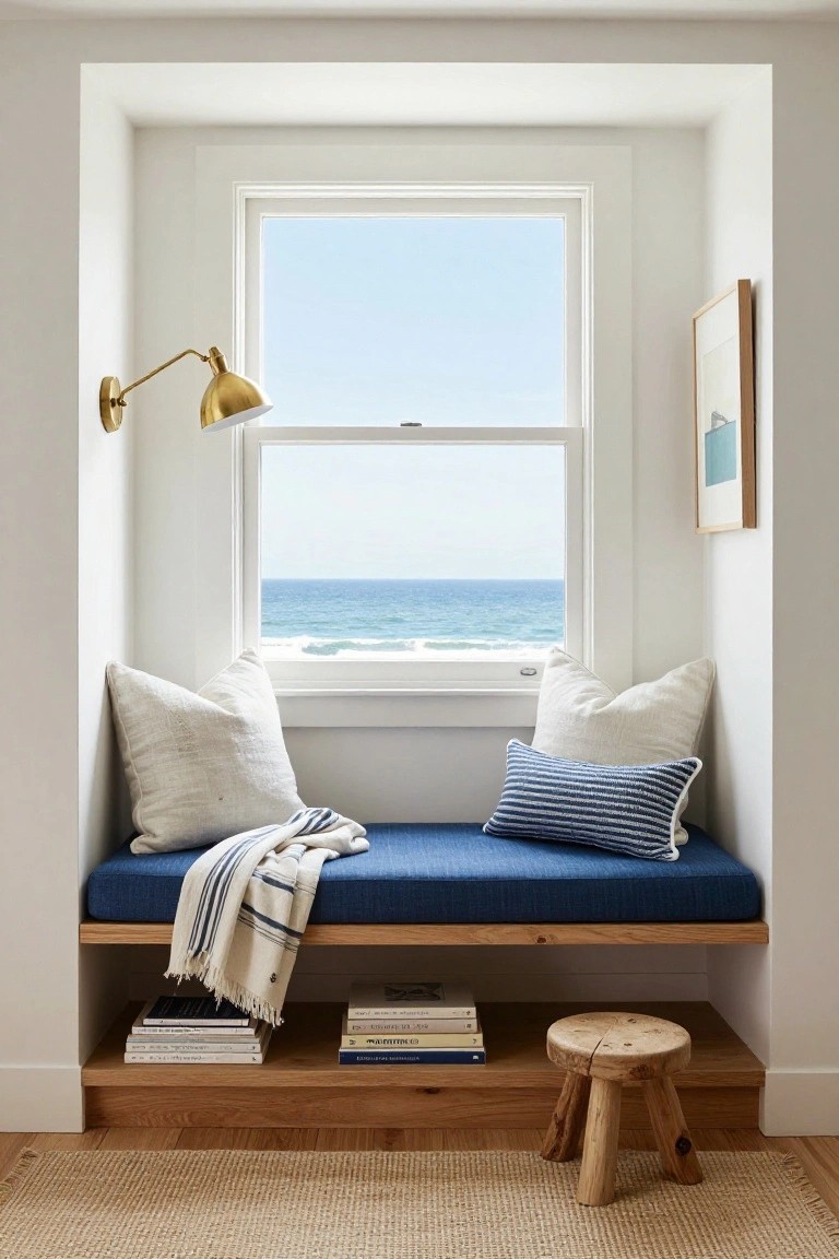 White window nook with built-in blue bench cushion, layered white and blue striped pillows, throw blanket, books on lower shelf, small wooden stool, and ocean view outside.