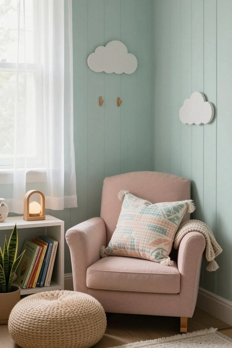 Corner of a pale green paneled room with pink armchair holding two patterned pillows and a knit throw, beige woven pouf in front, white bookshelves with books and snake plant, wood arched lamp, sheer curtains, and white cloud shapes on walls.