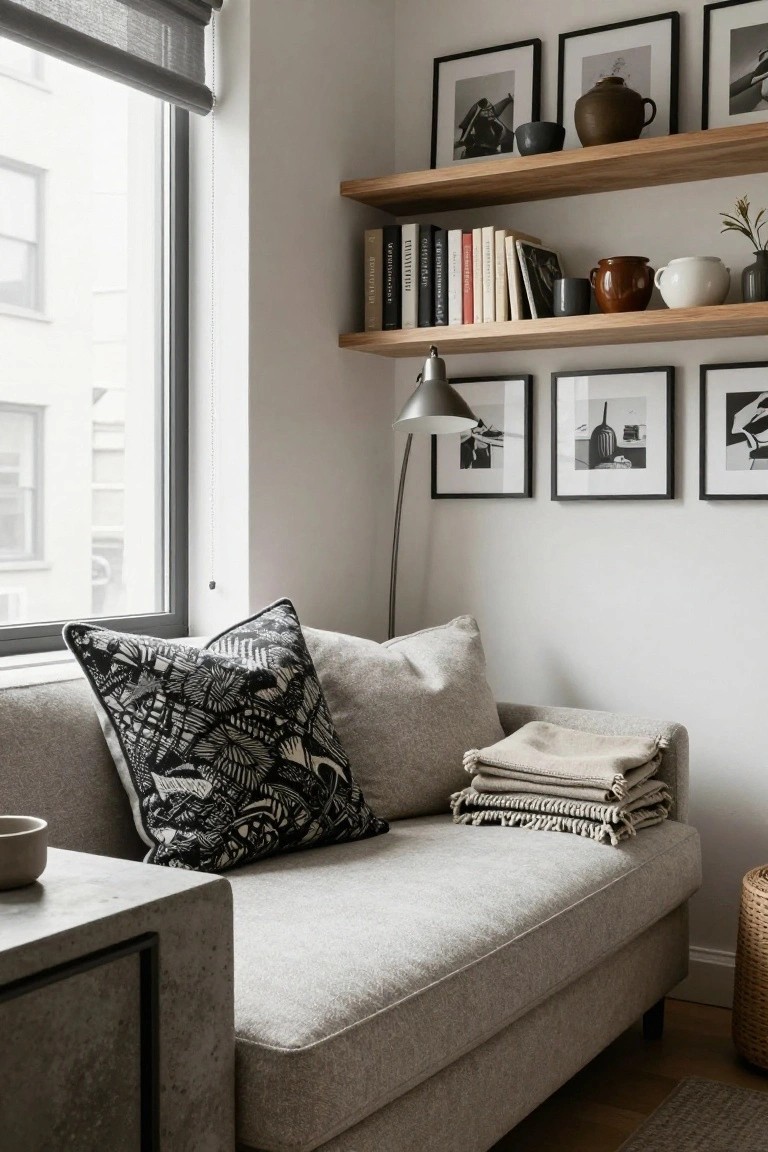 Corner of a white-walled room with light gray sofa holding patterned black pillow, plain pillows, and stacked beige throws, beside concrete side table, wooden shelves with books and ceramics, arc lamp, and window with gray blinds.
