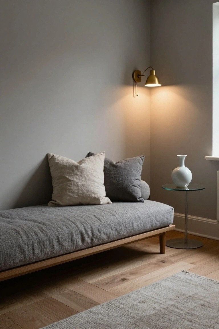 Corner room with a low gray linen daybed topped by beige and gray pillows, a glass side table holding a white vase, a gold wall lamp lit up, light wood floors, and a neutral rug.