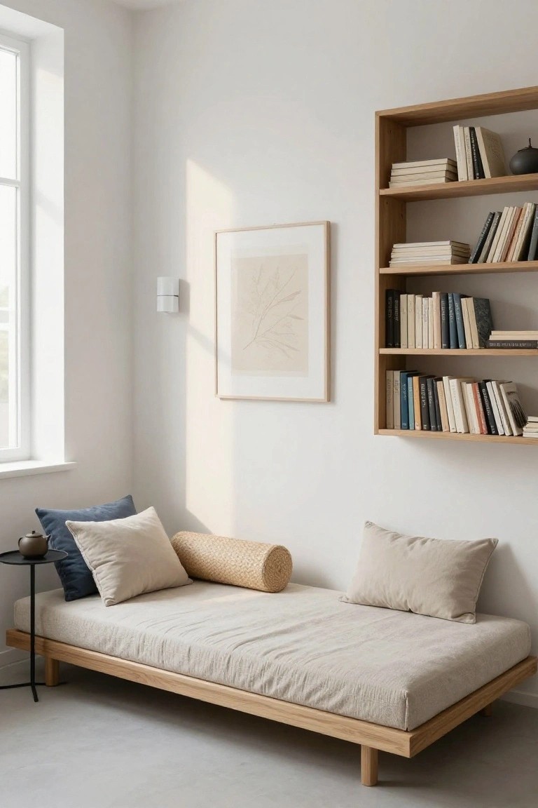 Minimalist indoor corner with low oak daybed topped by beige linen pillows, teal pillows, and rattan bolsters, next to wooden bookshelves and a white wall with window.