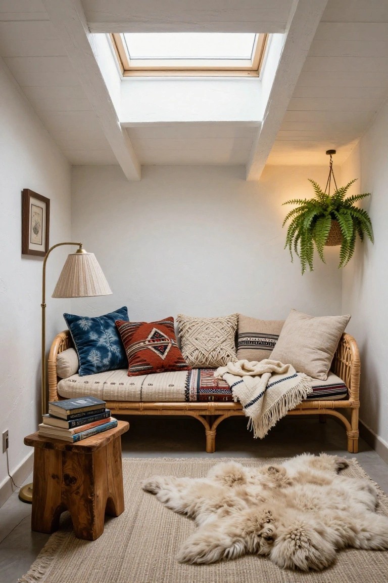 A compact white-walled reading nook with rattan daybed covered in assorted pillows including blue shibori, terracotta geometric, macrame, and plain cushions, wooden stool holding stacked books, brass arc lamp, hanging fern plant, sheepskin rug on seagrass matting, and exposed beam ceiling with skylight.