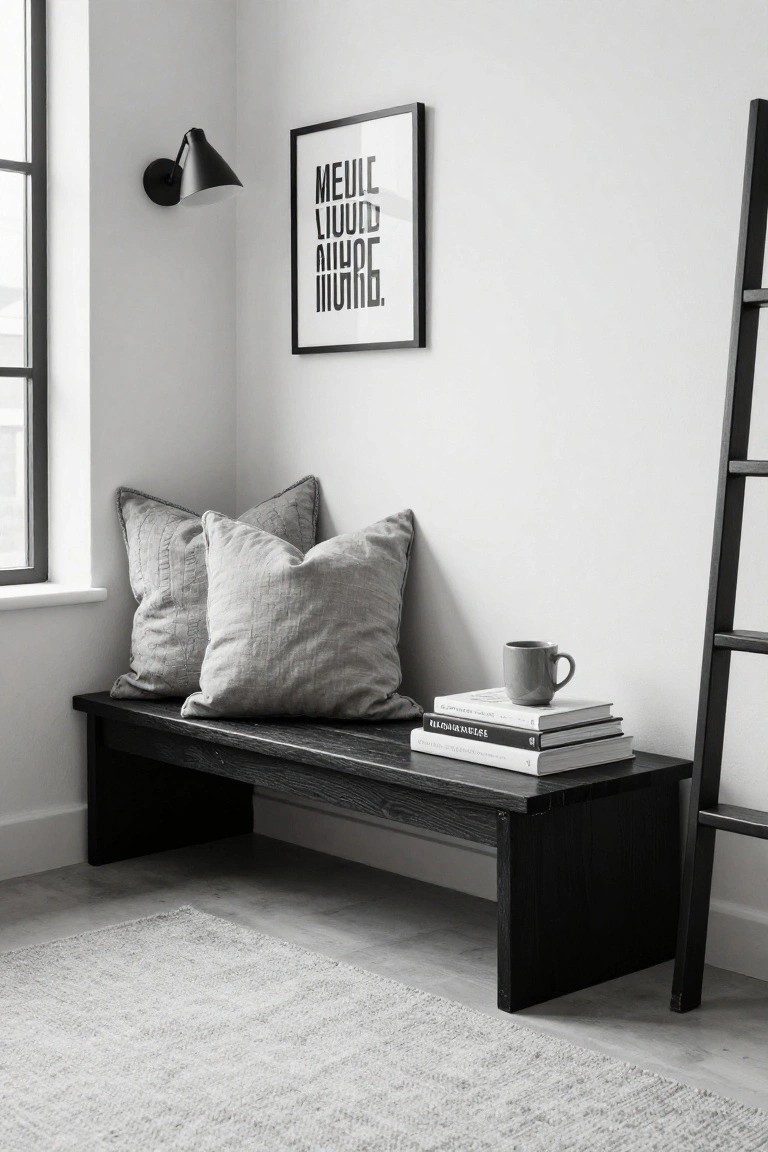Layered Pillows on a Simple Bench