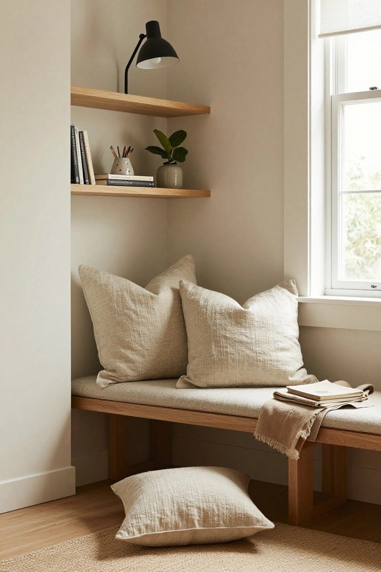 A light-colored room corner with a wooden window bench covered in multiple large cream linen pillows, a folded tan throw blanket and books on the bench, wooden shelves holding books plants and a vase above, a black task lamp, and a seagrass rug on hardwood floors.