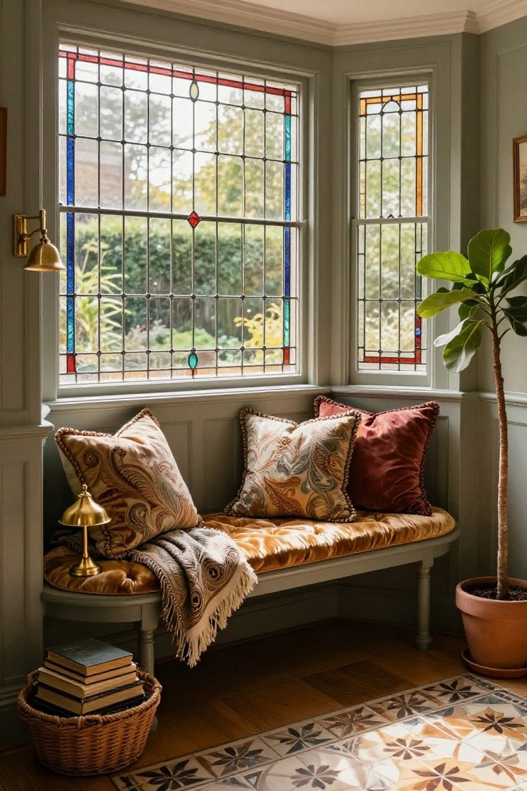 Bay window nook in a pale green room with stained glass windows overlooking a garden, a tufted bench layered with patterned and velvet pillows plus a throw blanket, brass lamps, potted fiddle leaf fig, stacked books in a wicker basket, and a patterned rug on wood floors.