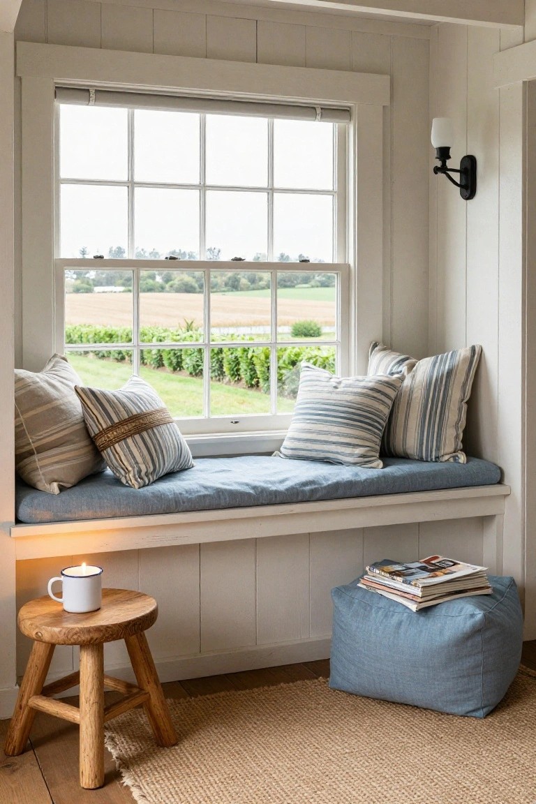 White paneled interior nook with a blue-cushioned window bench piled with striped and neutral pillows, a white mug candle on a wooden stool, blue pouf, magazines, and a view of green fields through the multi-pane window.