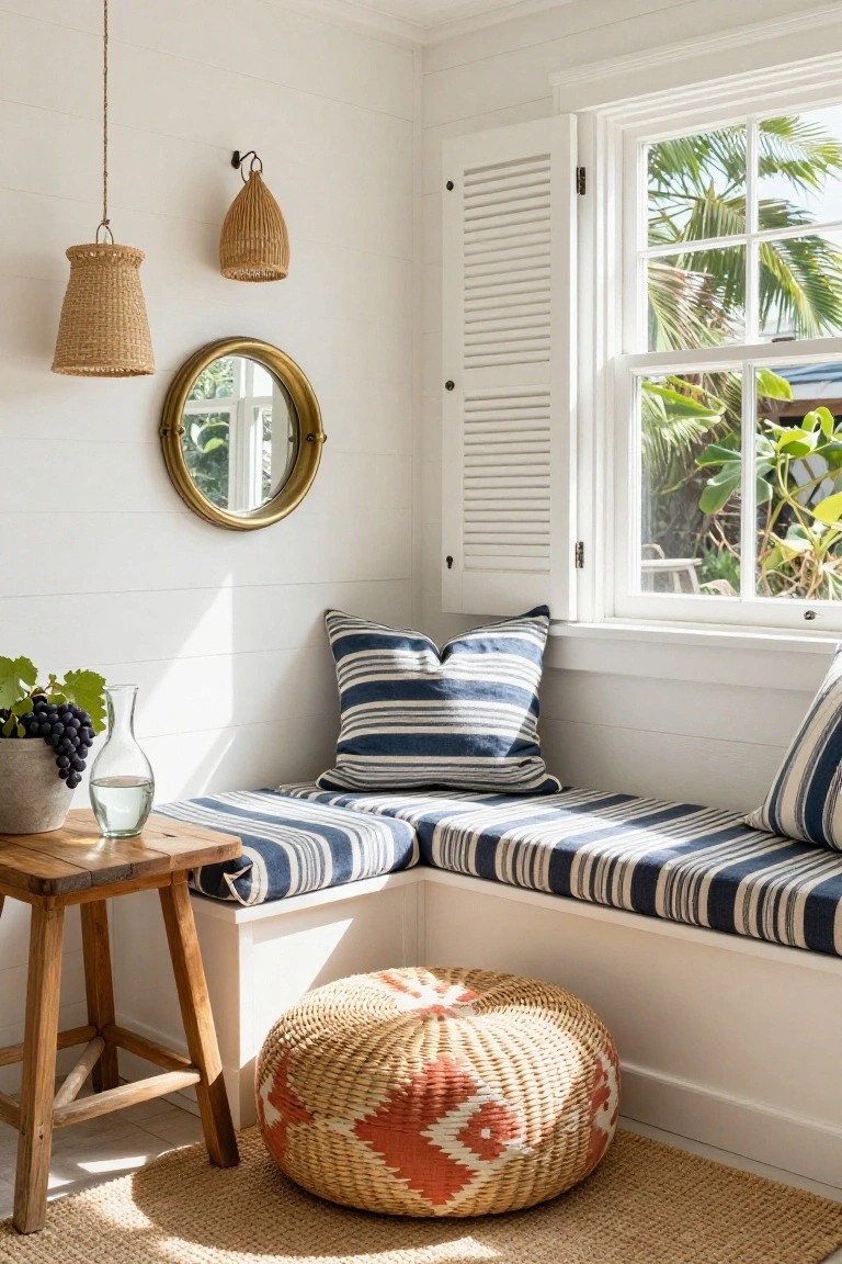White shiplap corner room with built-in bench seat covered in navy and white striped cushions and pillows, wooden side table holding grapes in a vase and a glass carafe, rattan pendant lights, gold porthole mirror, and louvered shutters on a window overlooking palms.