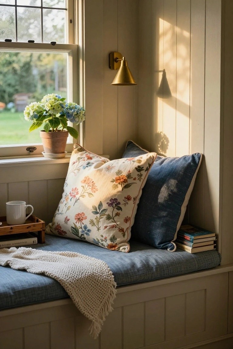 Built-in window bench with large floral pillow, blue pillow, books, white mug on wooden tray, knit throw, and potted hydrangeas on sill, golden sunlight through paneled window.