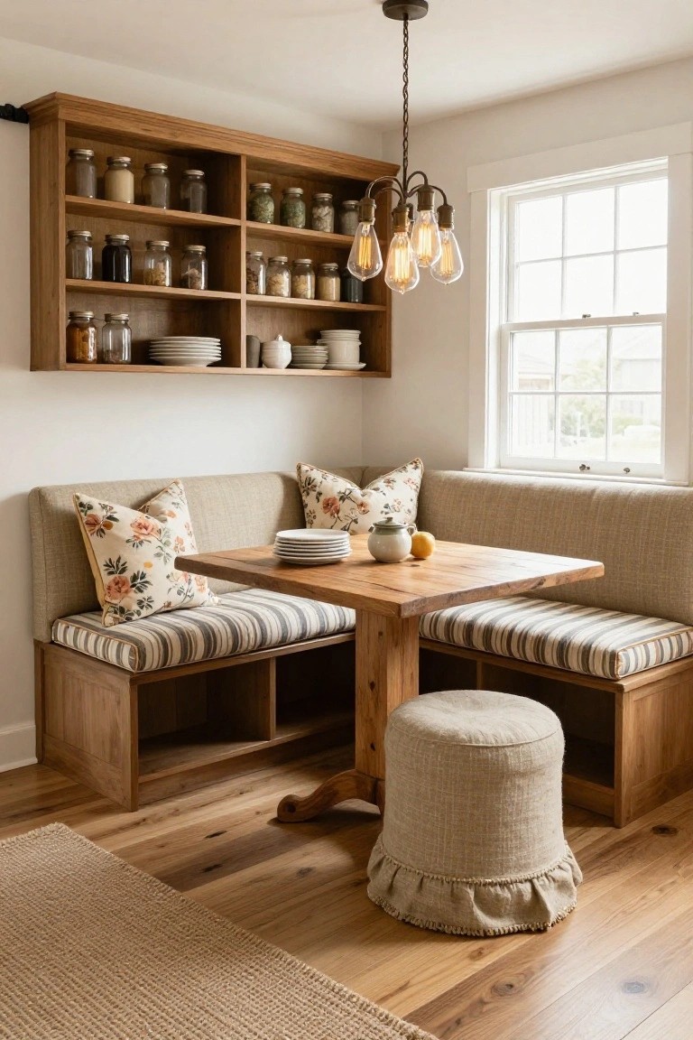 Corner bench seating in a kitchen with beige upholstery, striped cushions, large floral pillows, wooden table, open oak shelving stocked with jars, and a pendant light over a window.