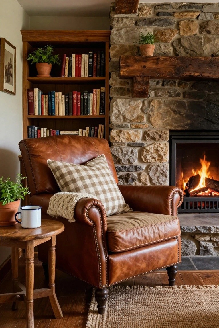 Brown leather armchair with checkered pillow, knit throw, and side table holding mug and plant, positioned by stone fireplace in wood-paneled room with bookshelves and greenery.