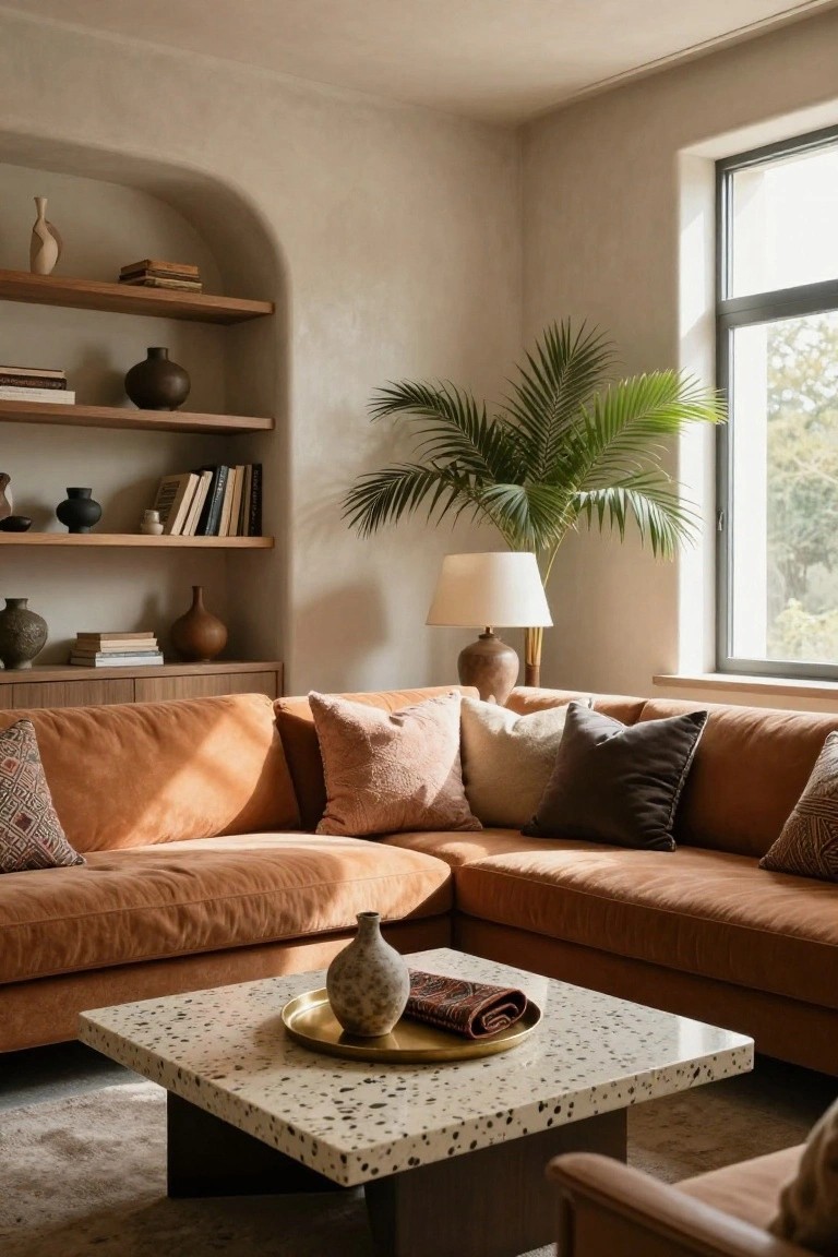 Cozy living room corner featuring a terracotta L-shaped velvet sofa with layered pillows in various textures and patterns, wooden built-in shelves holding books and ceramics, a potted palm plant by a large window, a lamp, and a terrazzo coffee table with a vase.
